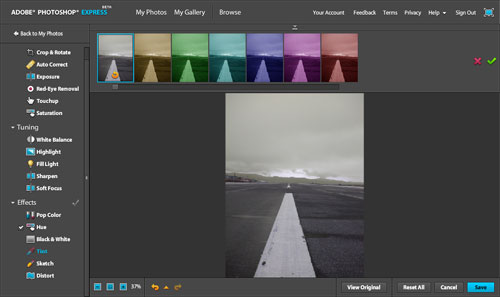 Adobe Photoshop Express: Tint Effect Interface